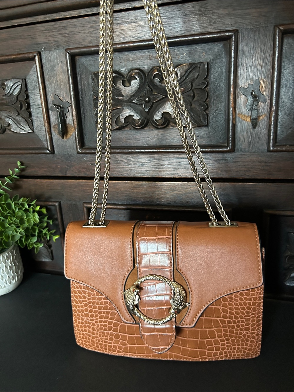Topshop Tan Croc-Embossed Chain Shoulder Bag with Gold Buckle